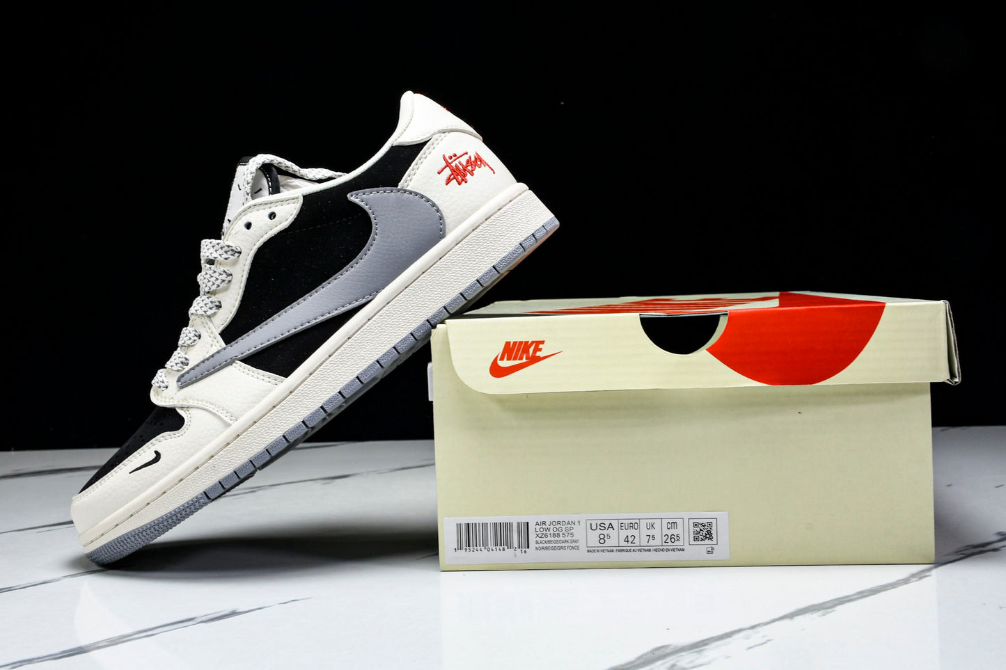 Travis Scott AJ1 Low x Stussy 'White Black Grey Red' (Custom)