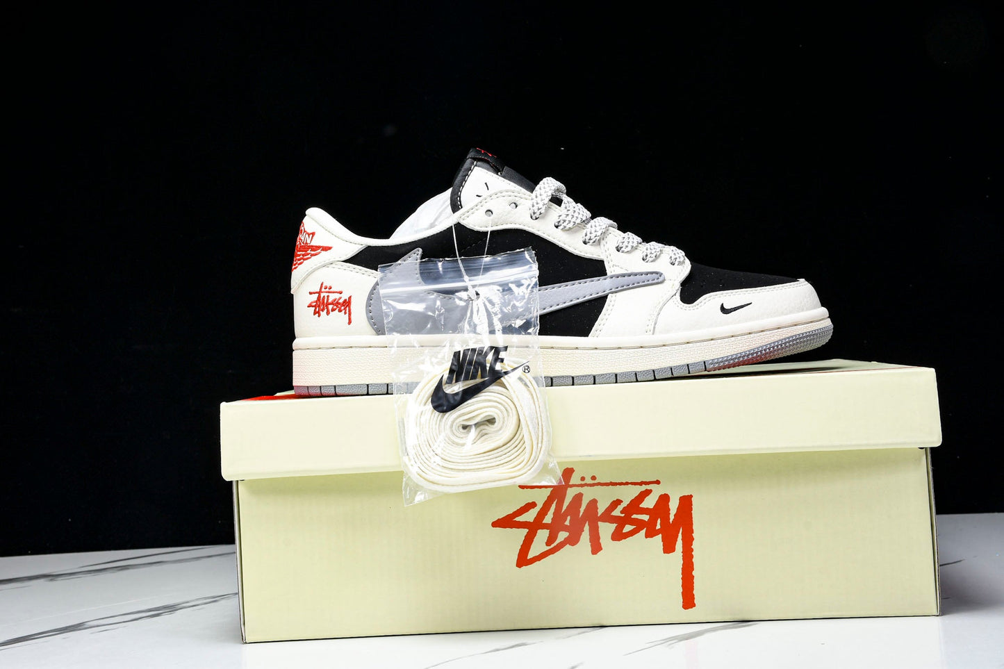 Travis Scott AJ1 Low x Stussy 'White Black Grey Red' (Custom)