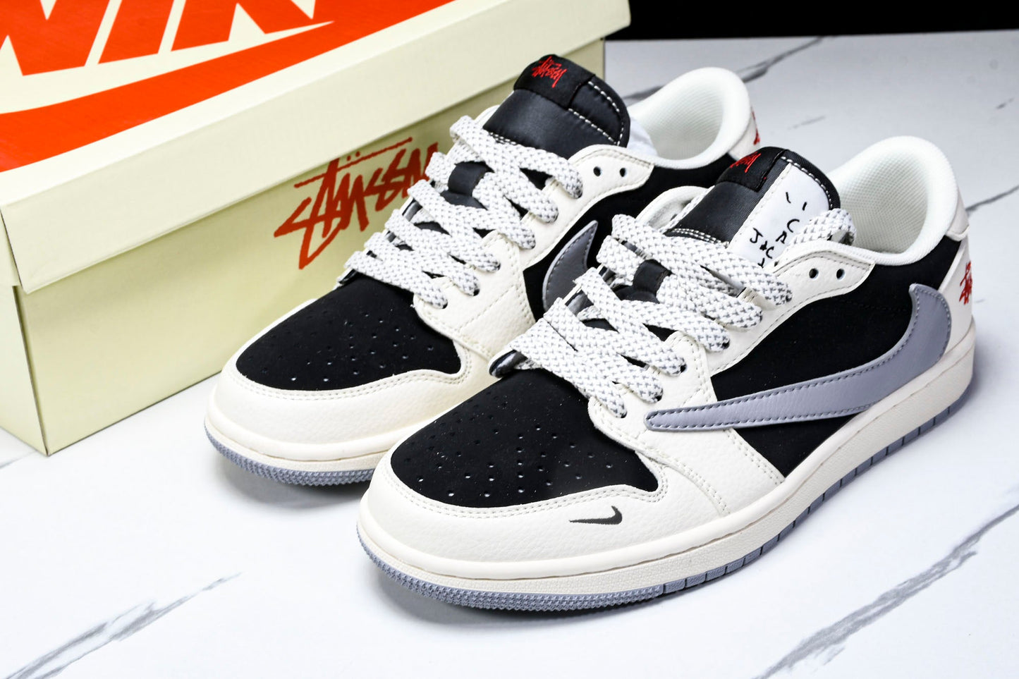 Travis Scott AJ1 Low x Stussy 'White Black Grey Red' (Custom)