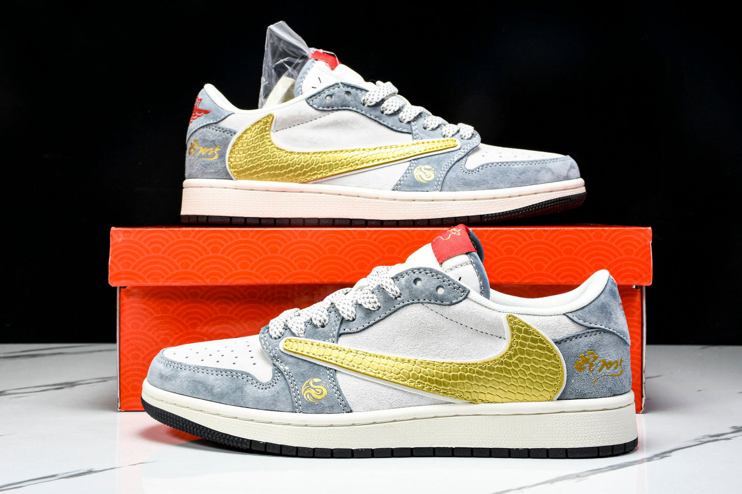 Travis Scott AJ1 Low x Year of The Snake 'Gold Grey' (Custom) - UK 6.5 / US 7.5 / EU 40.5