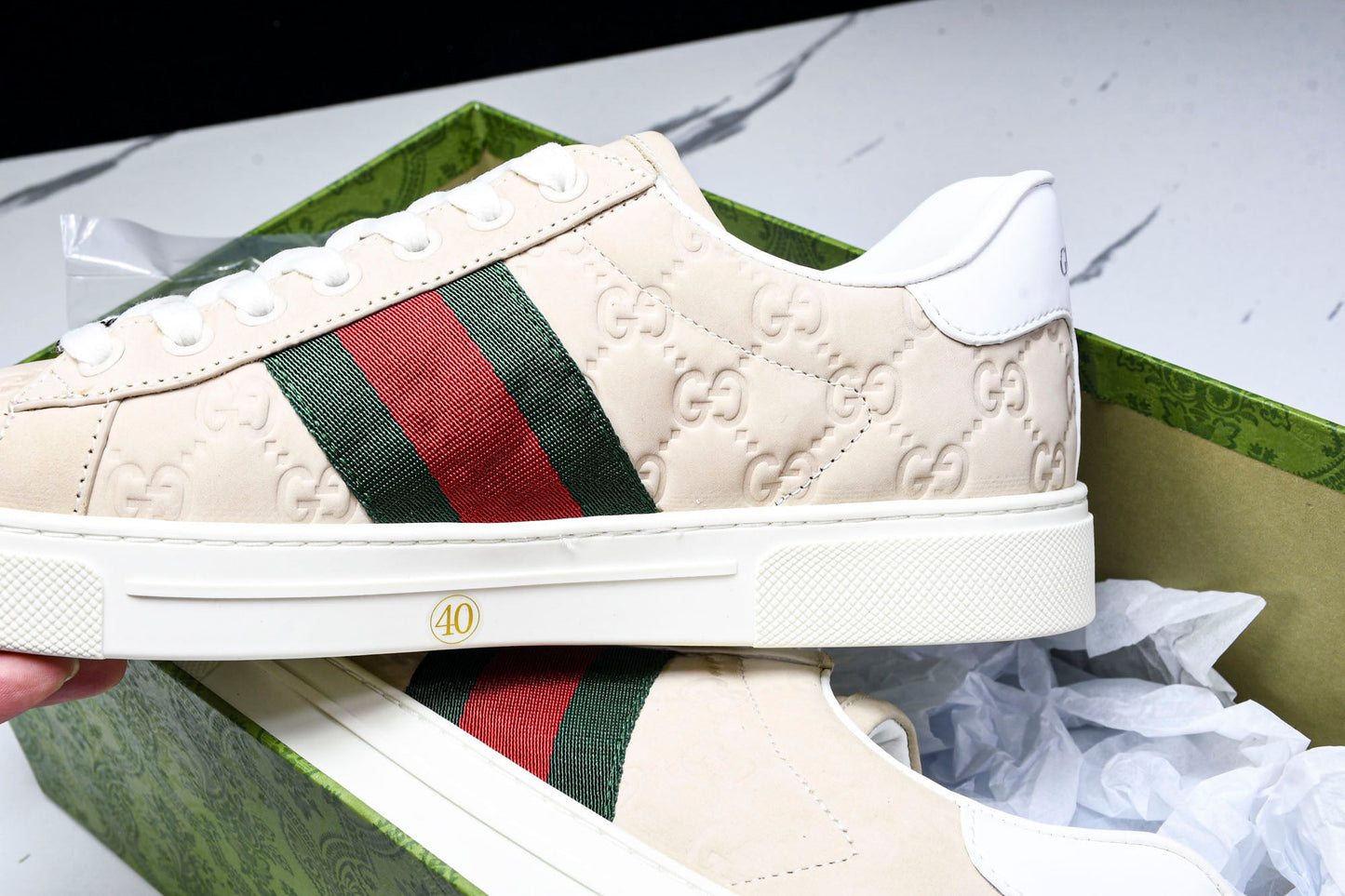 Guссi Ace Web 'Embossed Beige Monogram'