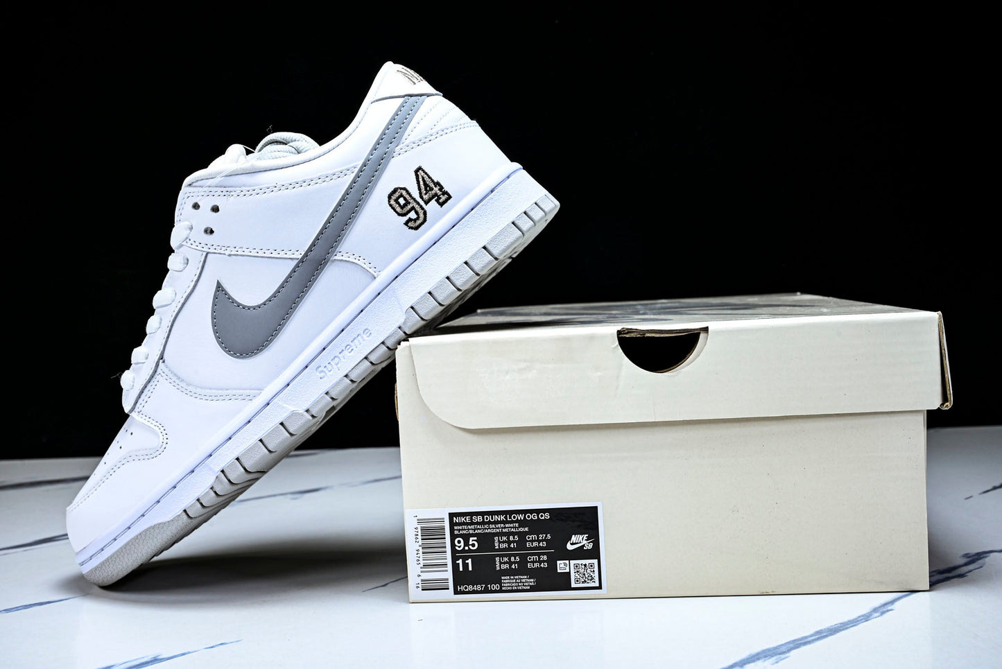 SB Dnk Low x Supreme 94 White Metallic Silver