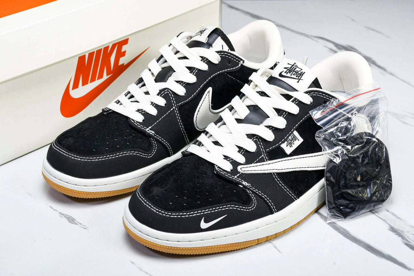 Travis Scott AJ1 Low x Stussy 'Black White Gum' (Custom) - UK 7.5 / US 8.5 / EU 42