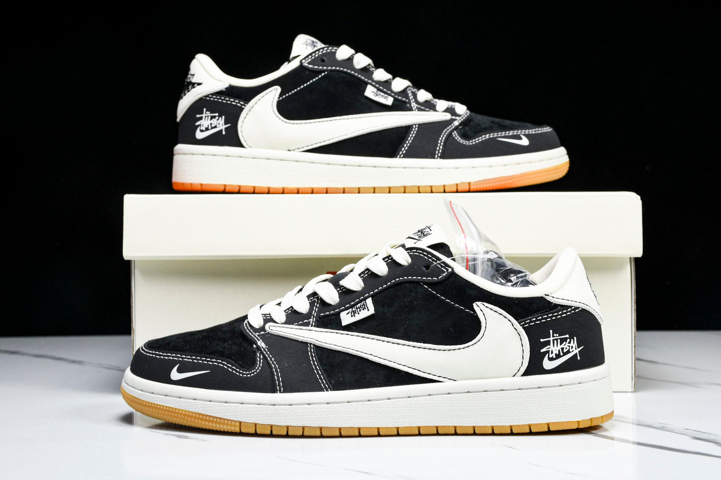 Travis Scott AJ1 Low x Stussy 'Black White Gum' (Custom) - UK 7.5 / US 8.5 / EU 42