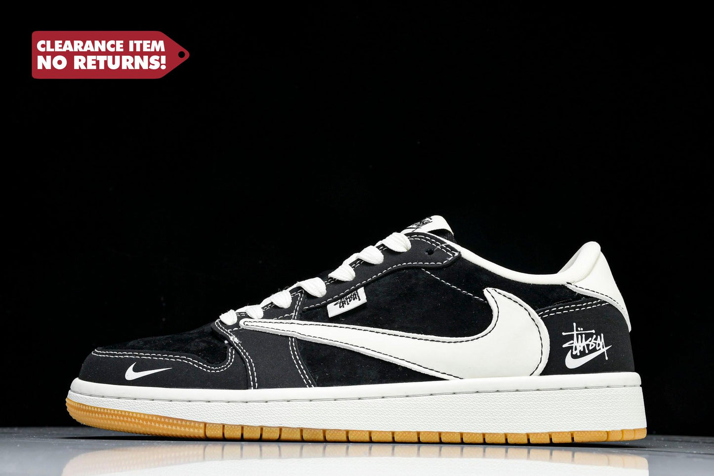 Travis Scott AJ1 Low x Stussy 'Black White Gum' (Custom) - UK 7.5 / US 8.5 / EU 42