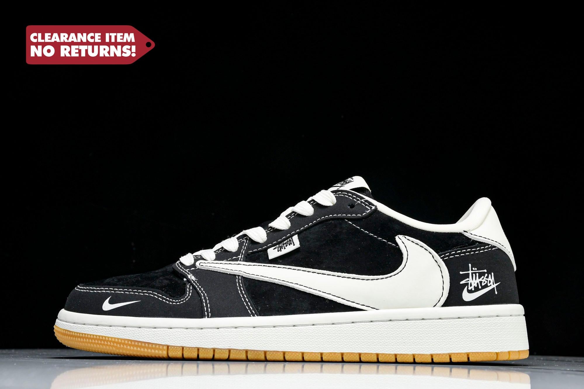 Travis Scott AJ1 Low x Stussy 'Black White Gum' (Custom) - UK 7.5 / US 8.5 / EU 42