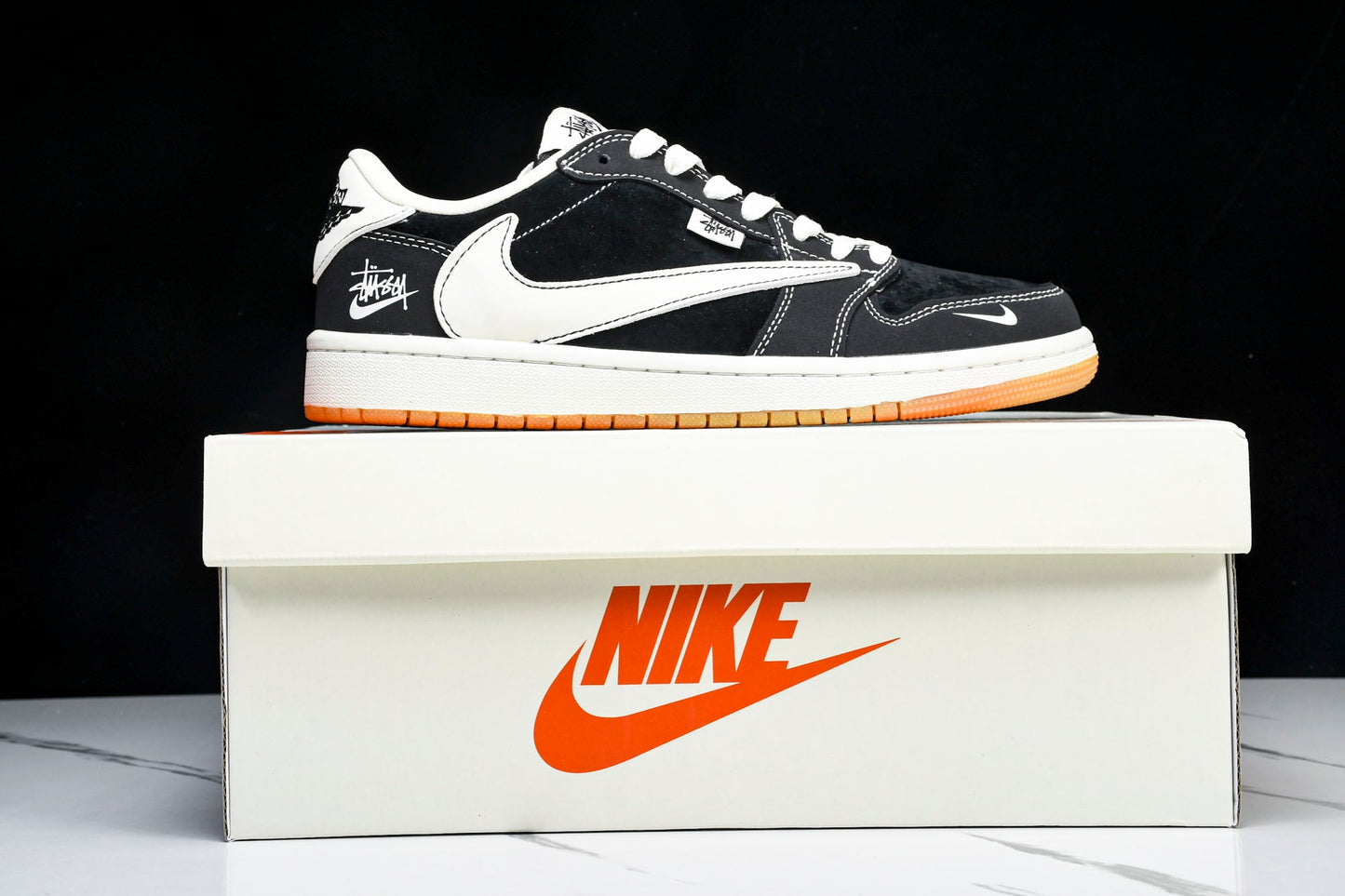 Travis Scott AJ1 Low x Stussy 'Black White Gum' (Custom) - UK 7.5 / US 8.5 / EU 42